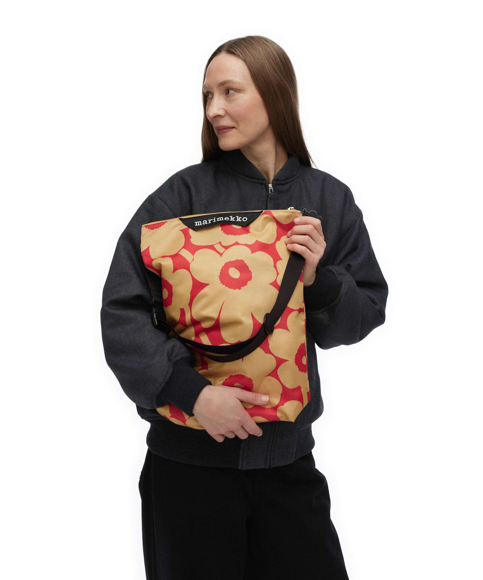 Marimekko Neat Unikko M Hobo bag light brown/red